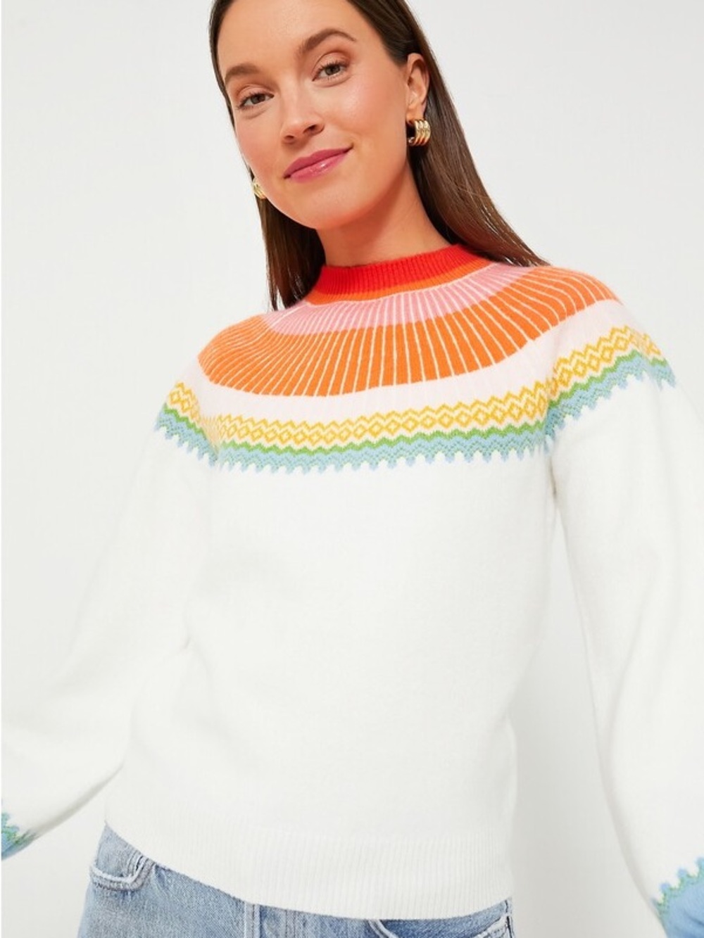 Tuckernuck White Crewneck Sweater with Multicolor Yoke